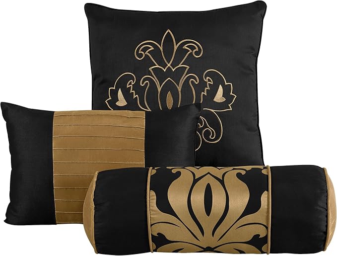 Chezmoi Collection Royale 7-Piece Jacquard Floral Comforter Set, Oversized Queen, Black/Gold