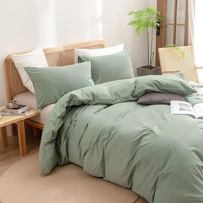 BESTOUCH Duvet Cover Set 100% Washed Cotton Linen Feel Super Soft Comfortable Chic Lightweight 3 PCs Home Bedding Set Solid Green Super King Plus