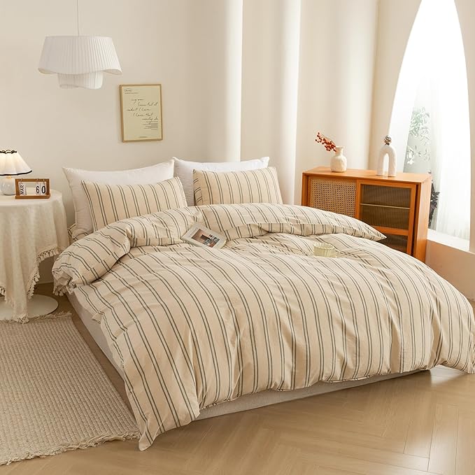 ECOCOTT Duvet Cover Full Size - Linen Feel Organic Natural 100% Washed Cotton, Soft Breathable & Durable Bedding Set, Comfy Stripe Design for All Seasons