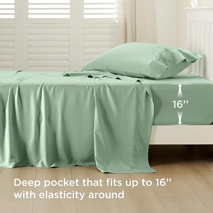 Bedsure Cooling Sheets Twin, Rayon Derived from Bamboo, PureWoven, Breathable & Soft Twin Sheets Set, Deep Pocket Up to 16 Inches, Hotel Luxury Silky Bedding for Hot Sleepers, Sage Green