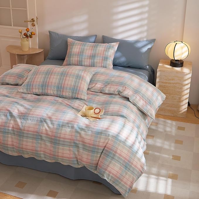 HighBuy Blush Blue Plaid Comforter Set Queen Size Gingham Grid 3 Pieces Vintage Checkered Pattern Comforter Buffalo Plaid Comforter Set with 2 Pillowcases,Soft Farmhouse Grid Bedding Set