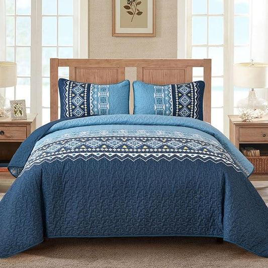 WONGS BEDDING Blue Quilt Set Queen,Boho 3 Pieces Bedspread Coverlet Set with Geometry Printed for All Season,Lightweight Morden Bohemian Bedding Set 96"×90"
