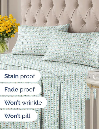 Floral Sheets - Flower Print Bed Sheet Set - 1 Flat, 1 Fitted & 2 Pillowcases w/ Deep Pockets - Comfy, Cozy, Wrinkle & Fade Free - Boho Botanical Bedding - Soft, Breathable & Cooling - King Size Set