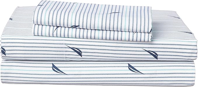 Nautica - Queen Sheets, Cotton Percale Bedding Set, Casual Home Decor (Audley Stripe Blue, Queen)