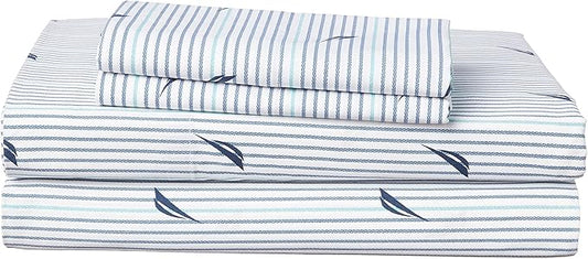 Nautica - Queen Sheets, Cotton Percale Bedding Set, Casual Home Decor (Audley Stripe Blue, Queen)