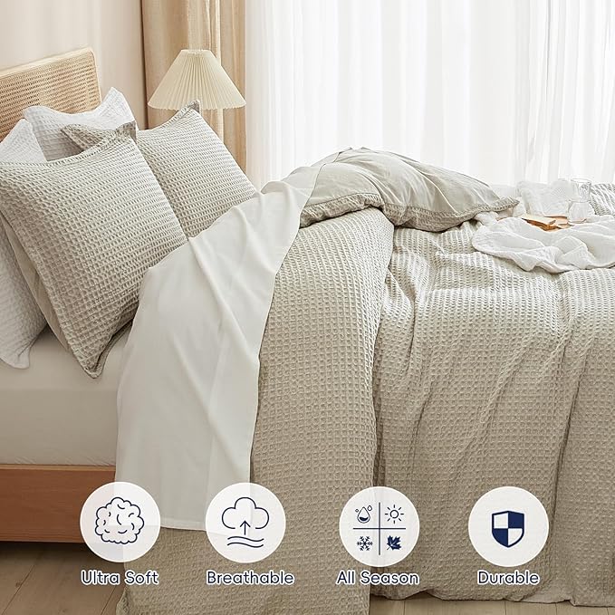 PHF Waffle Weave Duvet Cover Set King Size, No Snagging Ultra Soft Luxury Textured Breathable Comforter Cover for All Season 3pcs, Durable Bedding Duvet Set with 2 Pillow Shams, 104"x90", Linen