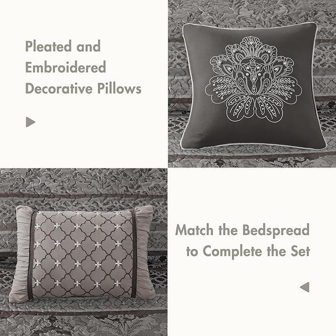 Madison Park Traditional Damask Design All Season, Lightweight Coverlet Bedspread Bedding Set, Matching Shams, Pillows, (102"x118"), Bellagio, Jacquard Grey, 5 Piece