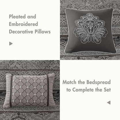 Madison Park Traditional Damask Design All Season, Lightweight Coverlet Bedspread Bedding Set, Matching Shams, Pillows, (120"x118"), Bellagio, Jacquard Grey, 5 Piece