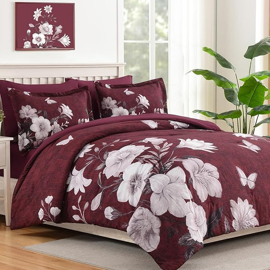 Floral King Size Comforter Set, 7 Pieces Burgundy Bed in a Bag, Elegant Floral Butterfly Comforter and Sheet Set, Soft Microfiber Bedding Sets for All Seasons(Burgundy,104"x90")