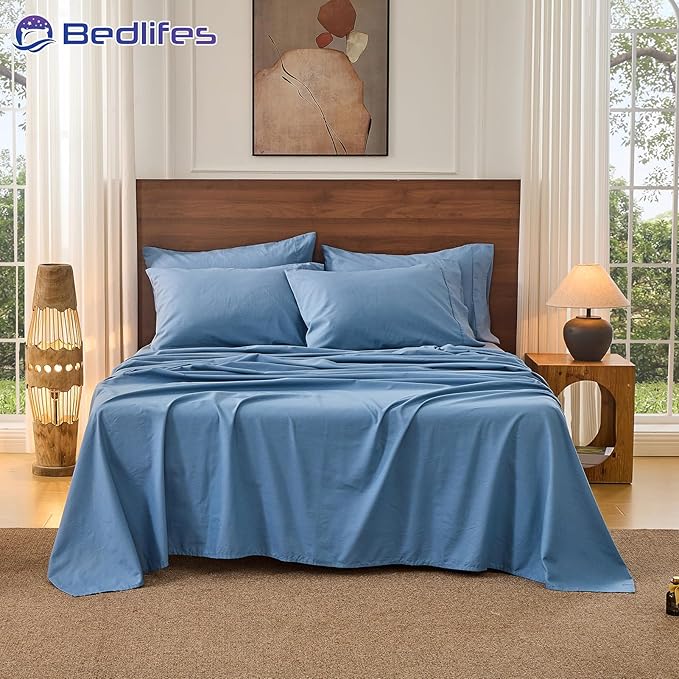 Bedlifes 100% French Pure Linen Sheets California King Size Breathable and Cooling Flax Sheet Set Soft Durable and Moisture Wicking 16 Inch Deep Pocket-4 Piece(Cal King,Flint Blue)