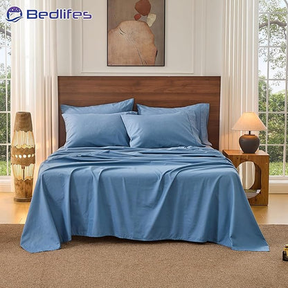 Bedlifes 100% French Pure Linen Sheets King Size Breathable and Cooling Flax Sheet Set Soft Durable and Moisture Wicking 16 Inch Deep Pocket-4 Piece(King,Flint Blue)