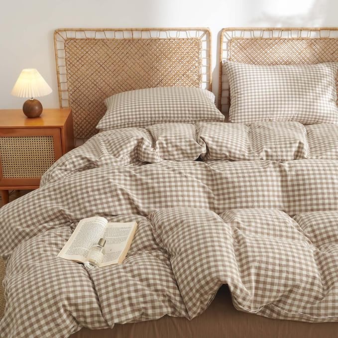 Nayoroom Gingham Duvet Cover Full Size 100% Washed Cotton Brown Tan Plaid Checkered Comforter Cover 3 Pcs Soft Breathable Grid Farmhouse Dorm Bedding Set for All Seasons