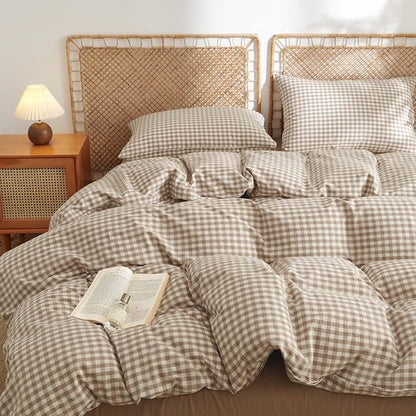 Nayoroom Gingham Duvet Cover Full Size 100% Washed Cotton Brown Tan Plaid Checkered Comforter Cover 3 Pcs Soft Breathable Grid Farmhouse Dorm Bedding Set for All Seasons