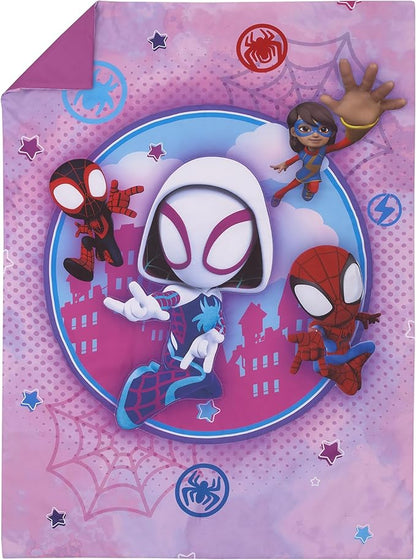 NoJo Marvel Ghost Spider, Go Ghosty Purple, Pink, and Blue 4 Piece Toddler Bed Set - Comforter, Fitted Bottom Sheet, Flat Top Sheet, and Reversible Pillowcase