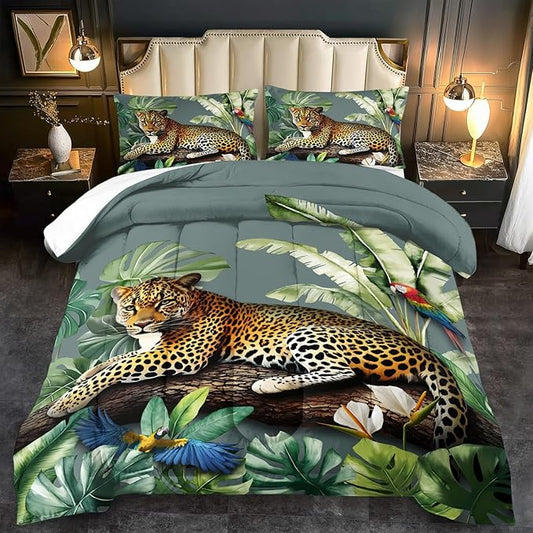 Animal Leopard Print Comforter Set Queen Animal Cheetah Print Comforter Set Boys Girls Floral Leopard Bedding Bedroom Decor Floral Cheetah Bedding Queen Jungle Plant Room Decor