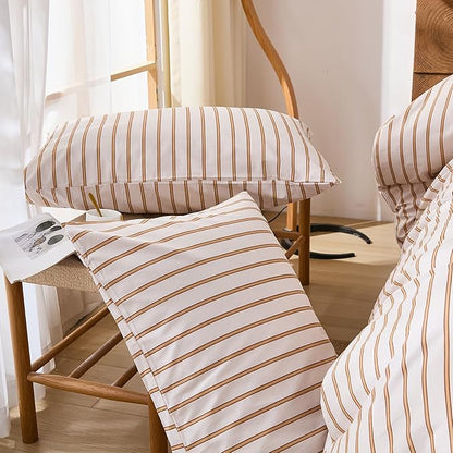Merryword Striped Duvet Cover Set Queen Size 3 Pieces 100% Cotton Duvet Cover Set with Beige and Terracotta Vertical Stripe Design,Soft Lightweight Reversible Bedding Set for All Seasons