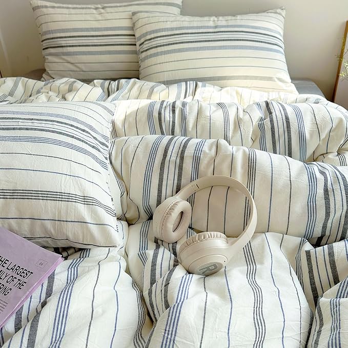EAVD Retro Blue&Grey Striped Comforter Set Queen Soft Cotton 3-Piece Vintage Bedding Set with 2 Pillowcases Boho Vertical Stripes Geometric Comforter Set for All-Season Breathable Lightweight