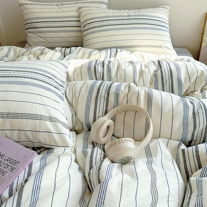 EAVD Retro Blue&Grey Striped Comforter Set Queen Soft Cotton 3-Piece Vintage Bedding Set with 2 Pillowcases Boho Vertical Stripes Geometric Comforter Set for All-Season Breathable Lightweight