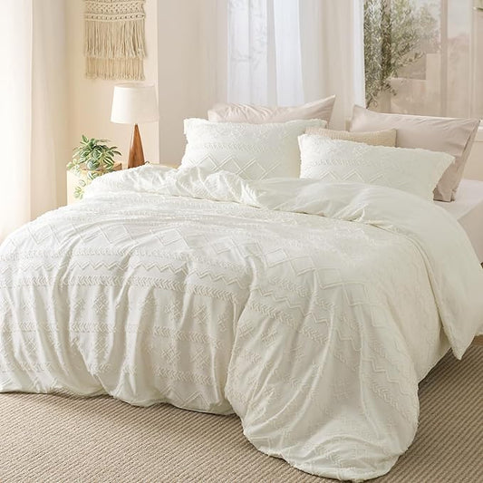 Bedsure Boho Duvet Cover Queen Size, Soft & Comfortable Elegant Design Boho Bedding for Decoration, Machine Washable Comforter Cover for All Seasons,Includes 1 Duvet Cover & 2 Pillow Shams,White