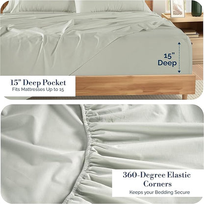Casa Platino King Percale Sheet Set– 6 Piece 100% Cotton Sheet Set King, with 15” Deep Pocket Fitted Sheet, Crisp Weave for Cool Cozy Sleep, Soft & Breathable, Everyday Essential Sheets – Silver