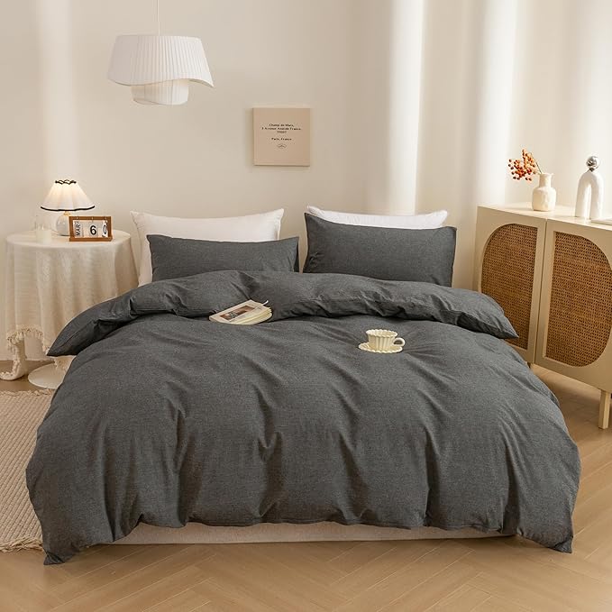 ECOCOTT Duvet Cover Set, 100% Washed Cotton Linen-Like Textured Soft & Breathable, Durable Comfy Bedding Set for All Seasons (Grey, Full)