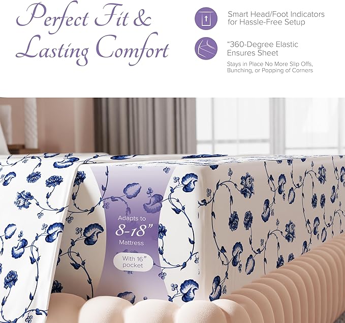Carressa Linen Luxury Egyptian Cotton California King Printed Sheet Set - 600 Thread Count Extra Long Staple 4 PC Set, Floral Blue Cal King Printed Sheets, Soft, Cooling Sheets Upto 18 in Deep Pocket