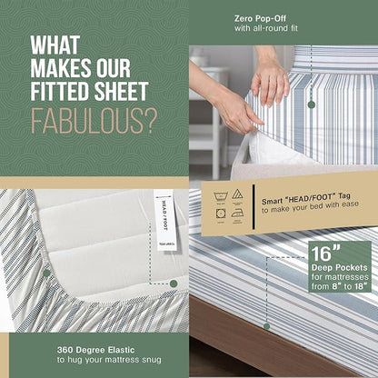 TEXAS LINEN CO. 100% Organic Cotton Printed Sheets King Size - 4 PC Organic Cotton Percale Sheets King Set (Dotted Stripe), Cooling & Breathable Sheet, 16" Deep Pocket Hotel Bedding - GOTS Certified