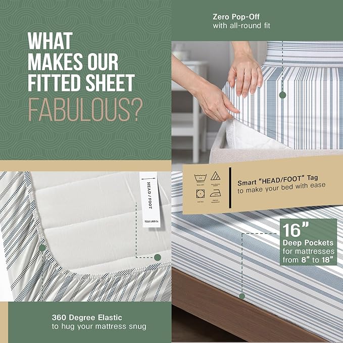 TEXAS LINEN CO. 100% Organic Cotton Printed Sheets Twin XL Size - 3 PC Organic Cotton Percale Sheets Twin XL (Dotted Stripe), Cooling Sheet for Dorm Room, 16" Deep Pocket Hotel Set - GOTS Certified