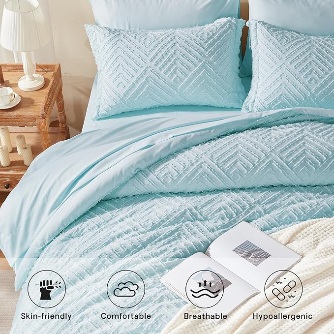 Zzlpp Queen Comforter Set 7 Pieces, Light Blue Tufted Bed in a Bag with Comforter and Sheets,All Season Boho Bedding Sets with Comforter, 2 Pillow Shams, 2 Pillowcases, 1 Flat Sheet, 1 Fitted Sheet