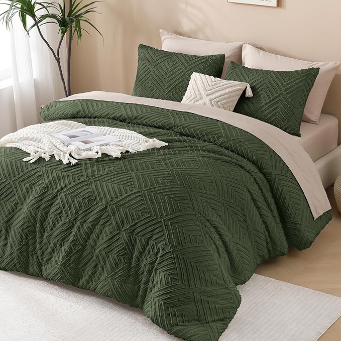 Andency Olive Green California King Comforter Qversized 120''x98'', 3 Pieces Boho Bedding Set & Collections, Farmhouse Tufted Fluffy Bed Set (1 Comforter, 2 Pillowcases)