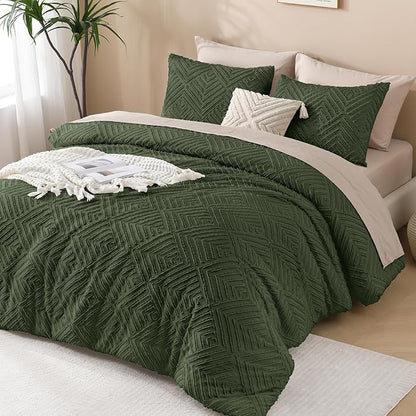 Andency Olive Green California King Comforter Set, 3 Pieces Boho Men Bedding Set & Collections, Farmhouse Tufted Fluffy Bedding Comforter Set for All Seasons (1 Comforter 104x96In, 2 Pillowcases)
