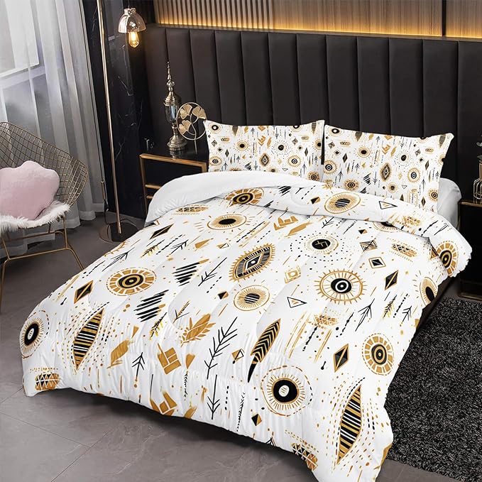 Boho Aztec Comforter Set Queen Yellow Geometry Bedding Sets 3PCS for Kids Teen Adult Room Decor Ultra-Soft Lightweight Microfiber 1 Comforter with 2 Pillowcases
