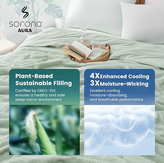 Amélie Home Waffle Cooling Comforter Queen Size, Q-Max 0.45 Reversible Lightweight Cooling Blanket for Hot Sleepers, Breathable Bedding for Night Sweats, 90"x90", Sage Green