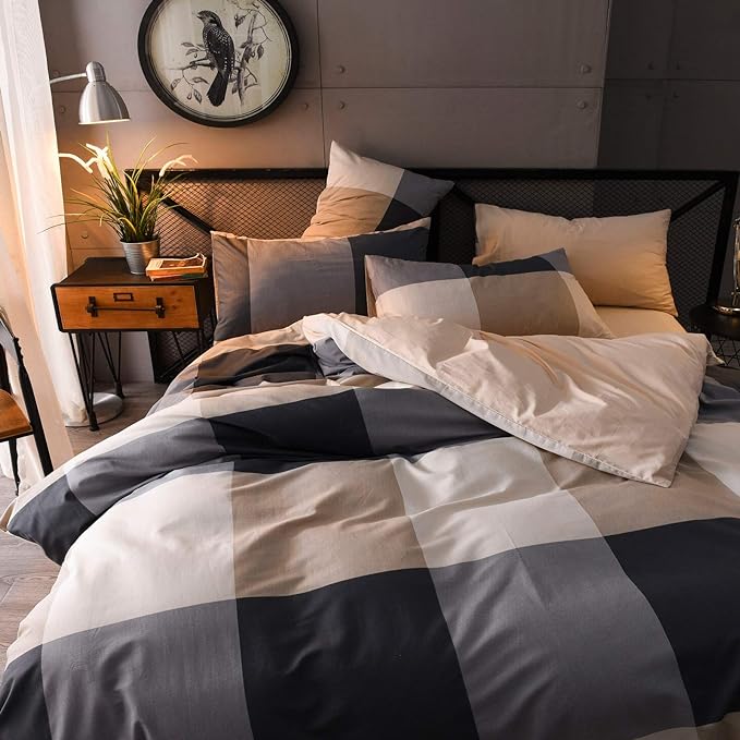 Queen Comforter Set Plaid 3 Pieces Soft Bedding Comforter Vintage Style Checkered Gingham Queen Comforter Set for All Seasons 1 Comforter and 2 Pillowcases
