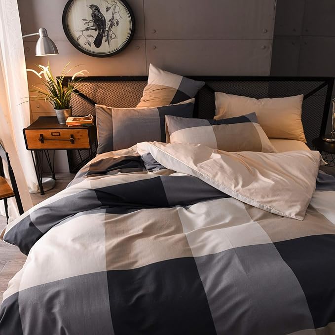 King Comforter Set Plaid 3 Pieces Soft Bedding Plaid Comforter Vintage Style Checkered Gingham King Comforter Set for All Seasons 1 Comforter and 2 Pillowcases