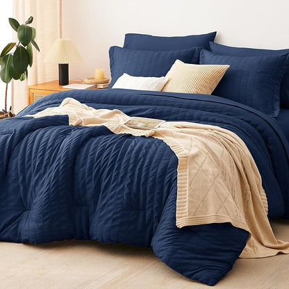 CozyLux Oversized Queen Comforter Set Navy Blue Seersucker 7 Pieces 98x98 Bed in a Bag Comforter Set with Sheets, Luxury Soft Bedding Sets with Down Alternative Comforter, Sheets, Pillowcases & Shams