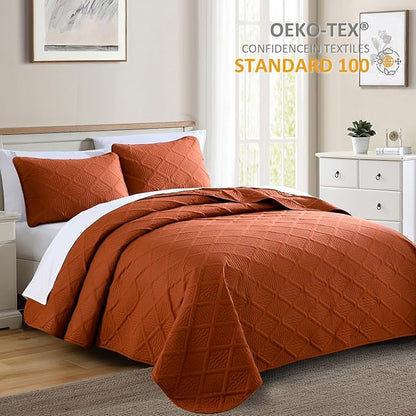 Yiran Burnt Orange Fall Quilt Set King Size Bedding Set Lightweight Bedspreads 3 Piece Soft Microfiber Terracotta Diamond Pattern Bed Coverlet for All Season with 2 Pillow Shams (106x96 Inch)