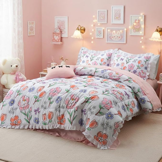 A Nice Night 6 Piece Comforter Set Bed in a Bag with Comforter & Sheet Set,Chic Cute Rabbits Bow Printed Bedding Sets,Princess Ruffle Bedding for Kids Girls,Queen