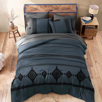 MaiRêve Embroidery Queen Size Comforter Set Blue Grey, Boho Farmhouse Western Bedding Set 7 Pieces, All Season Bed in A Bag Comforter Set with Sheets, Pillowcases & Shams