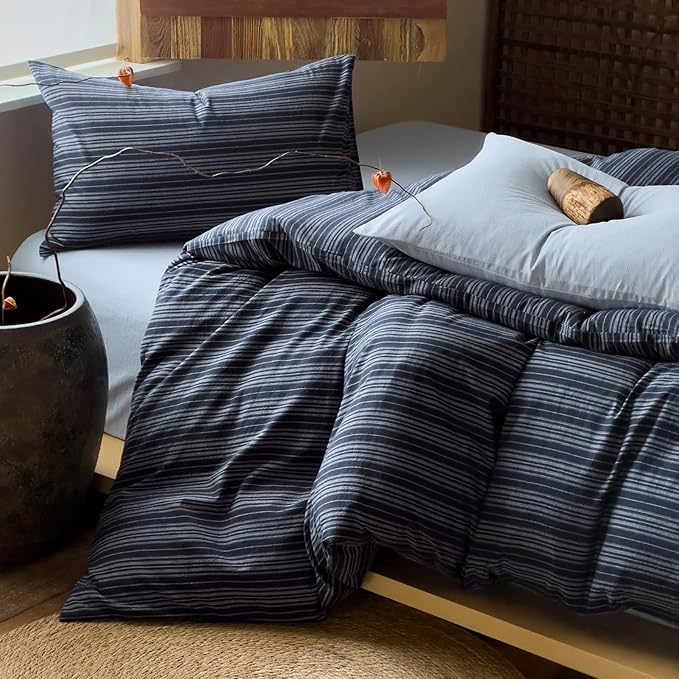 VM VOUGEMARKET Blue White Stripe Duvet Cover Set – Soft Washed Cotton,Modern Neutral Ticking Pinstripe Minimalist, 3 Pieces,Navy Blue,Queen Size