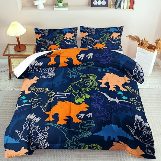 Blue Dinosaur Comforter Set King Boys,Cute Dinosaur Bedding Set King for Kids,Kawaii Dragon Comforter Blue Bedroom Decor,Cute Animal Bedding Kawaii Animal Quilt Boys