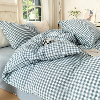 LifeTB Gingham Duvet Cover King 100% Washed Cotton Blue Plaid Duvet Cover 3 Pieces Boho Grid Comforter Cover with 2 Pillowcases Luxury Soft Gingham Bedding Set Buffalo Grid Duvet Cover King Size