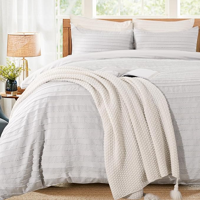 NEXHOME PRO Duvet Cover,Light Grey 3 Pieces Boho Tufted Duvet Cover Set, Soft and Lightweight 100% Washed Microfiber Comforter Cover Set for All Season(Light Grey Cal King, 104 x 98)-No Comforter