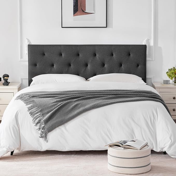 Linen Headboard King Size, Adjustable Height Headboard 37-51 in, Dark Gray | Diamond Tufting Solid Wood King Headboards, Durable Metal Legs, Upholstered King Head Board for Bed Frame, Modern Fabric