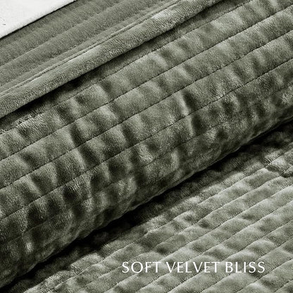 EVERGRACE Velvet Quilt Set Queen Size, Luxurious Soft Quilted Bedding Sets, Lightweight Velvet Comforter for All Season, Striped Channel Bedspread Coverlet with 2 Shams, Dried Thyme Green