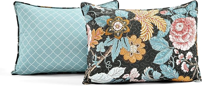 Lush Decor Sydney Reversible Cotton Quilt Set, 3 Piece Set, Full/ Queen, Black & Blue - Cotton Bedding Set - Black Floral Quilt - Cottage Decor - Bedding Queen Size