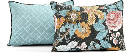 Lush Decor Sydney Reversible Cotton Quilt Set, 3 Piece Set, Full/ Queen, Black & Blue - Cotton Bedding Set - Black Floral Quilt - Cottage Decor - Bedding Queen Size