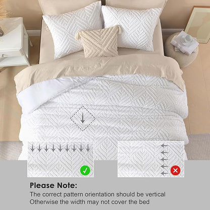Litanika White Queen Comforter Set, 3 Pieces Tufted Boho Farmhouse Bedding Comforter Sets, Lightweight Fluffy Comforter Bed Set for All Season (90x90In Comforter and 2 Pillowcases)