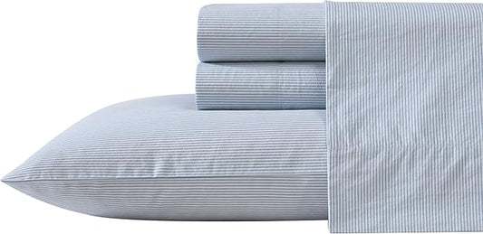Nautica - King Sheet Set, Cotton Percale Bedding Set, Crisp & Cool, Lightweight & Breathable (Penny Pinstripe Blue, King)