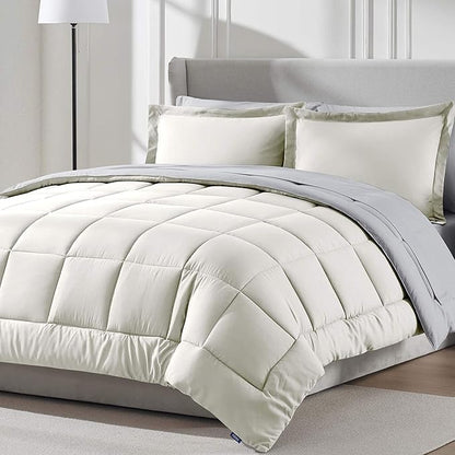 Nestl 7 Piece California King Comforter Set – Off White Reversible Bed in a Bag – Complete Cal King Size Bedding Set with Sheets, Pillowcases and Shams